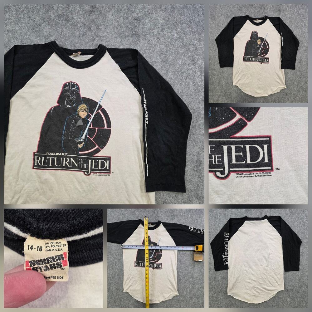 Vintage Star Wars Return Of The Jedi T Shirt Youth 14-16 Black Raglan 80s‎ Lucas